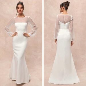 NWT Lulus Immaculate Romance White Sheer Organza Long Sleeve Maxi Dress, Small